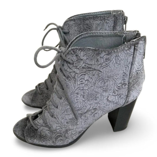 Report Lace Up Grey Floral Suede Heeled Boots