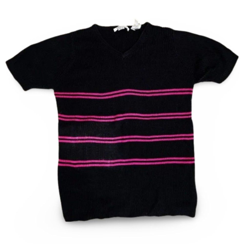 Company D Black and Pink Striped Short Sleeve Sweater Top