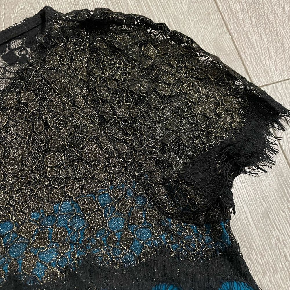 Lush Laced Sparkly Black Blue Blouse Top