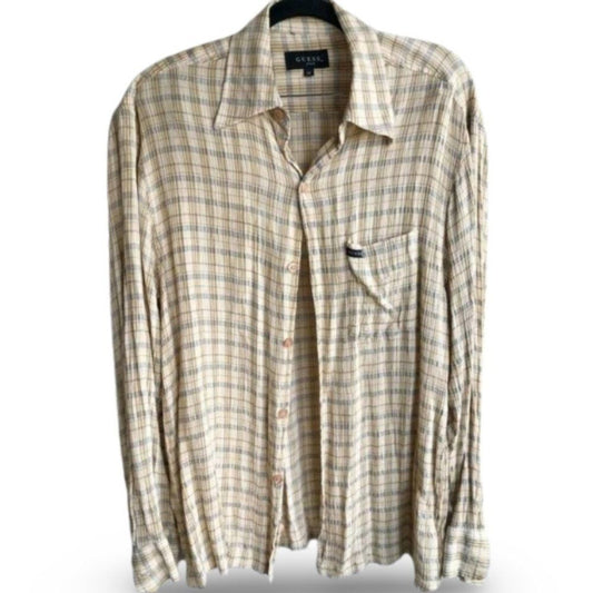 Guess Plaid Yellow Long Sleeve Buttoned Down Casual Shirt