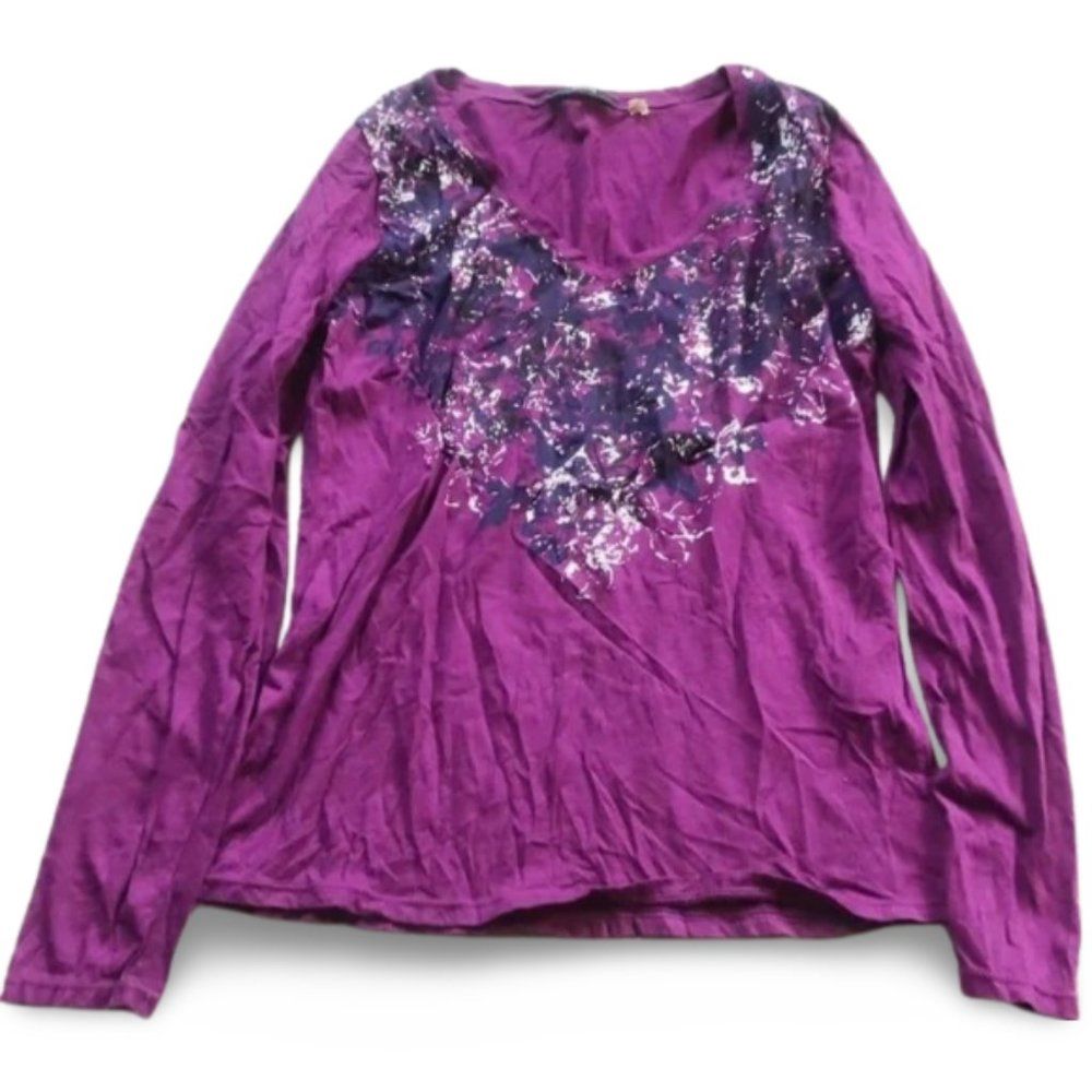 Tahari Dark Purple Flower Patterned Neck Long Sleeve Top