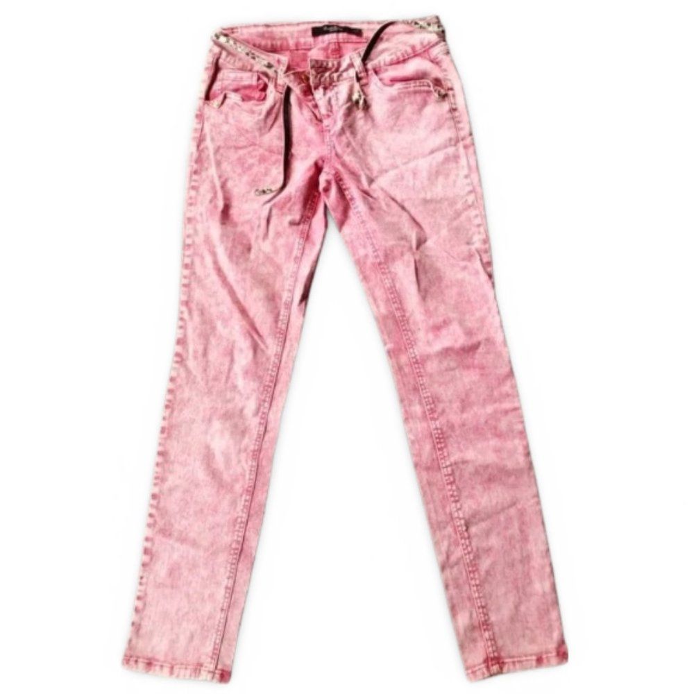 Boom Boom Pink Distressed Denim Belted Jeans