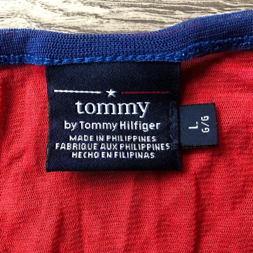 Tommy Hilfiger Red and Blue Long Sleeve Patterned V Neck Top