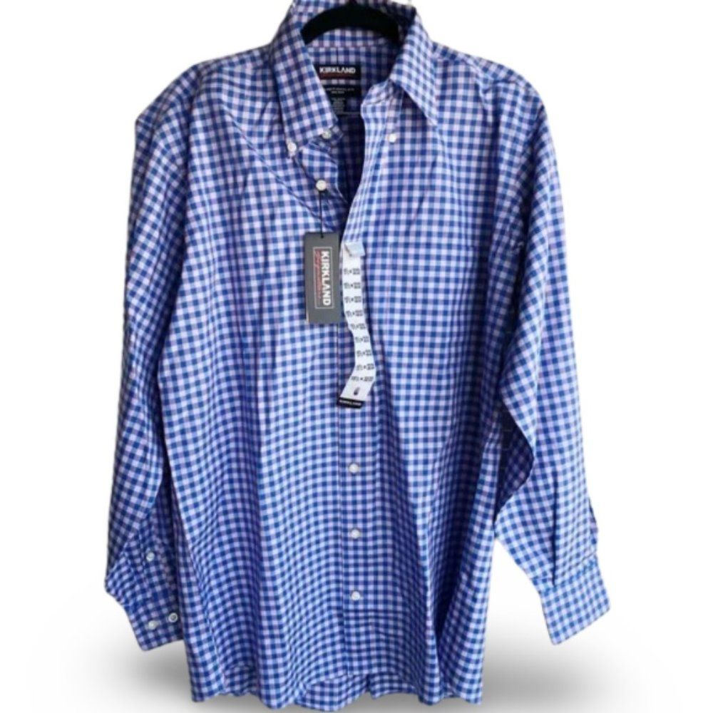 Kirkland NWT Blue Checkered Buttoned Down Dress Shirt