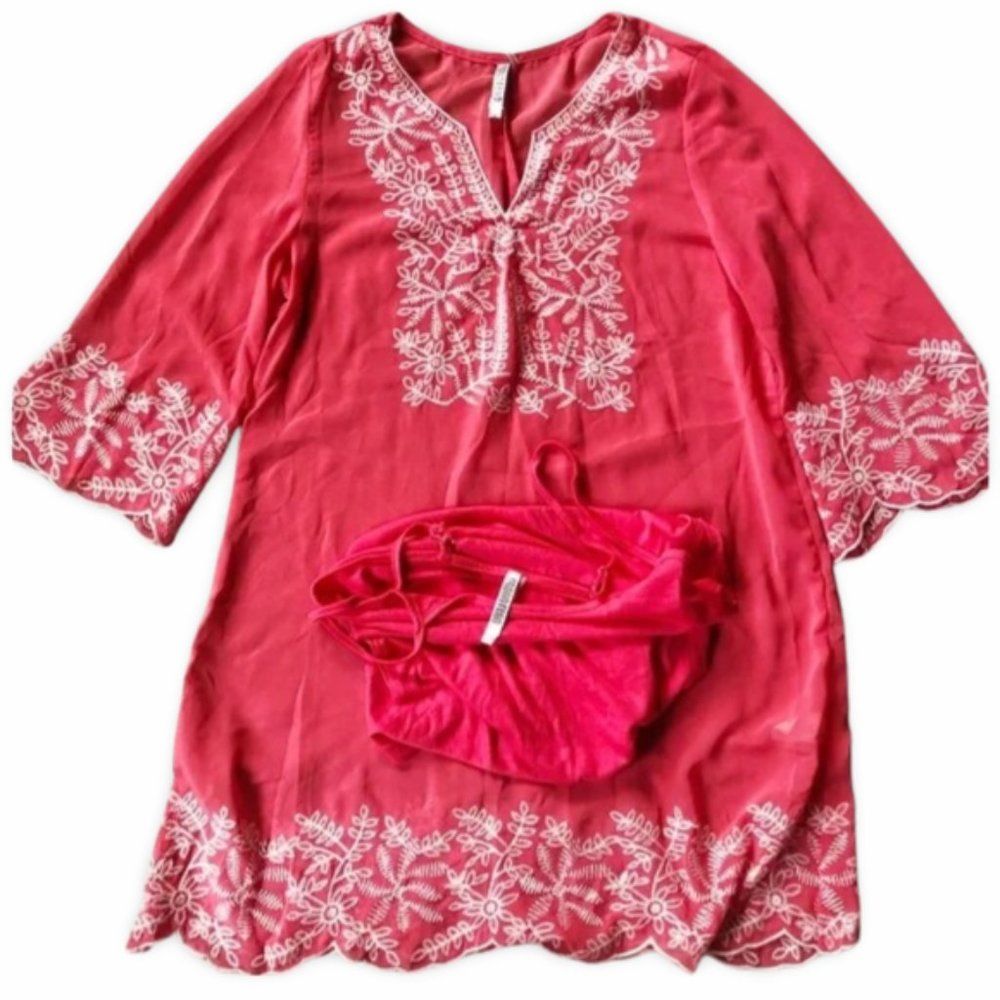 Monoreno Pink Floral White Detailed Tunic Top Shirt