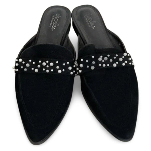 Charles David Pearl Detailed Pointed Suede Black Leather Flats