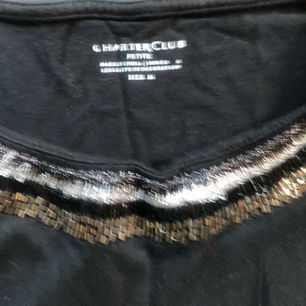 Charter Club Black Sequin Neck Long Sleeve Shirt