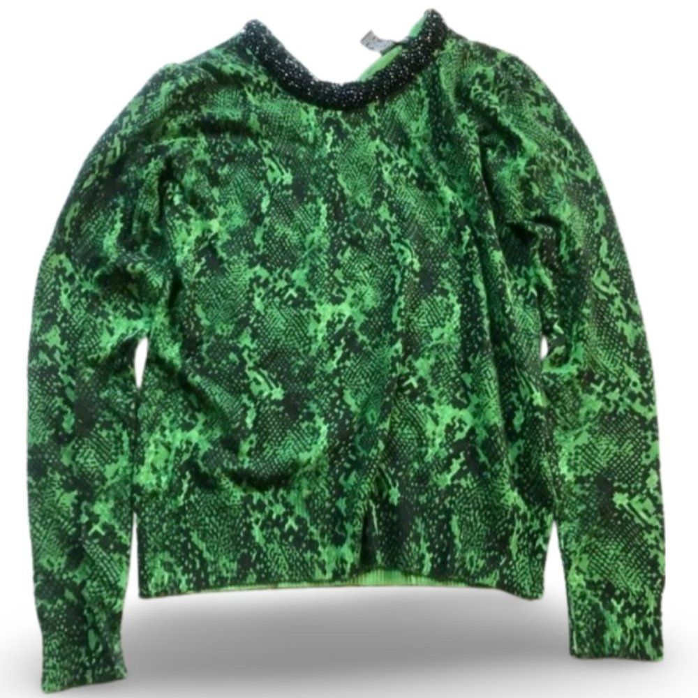 INC International Concepts Snake Print Green Rhinestone Neck Sweater