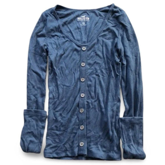 Hollister Navy Blue Ribbed Front Buttoned Long Sleeve Shirt