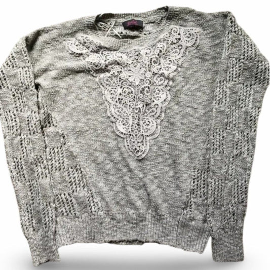 Marled Grey Lace Front Knitted Sweater