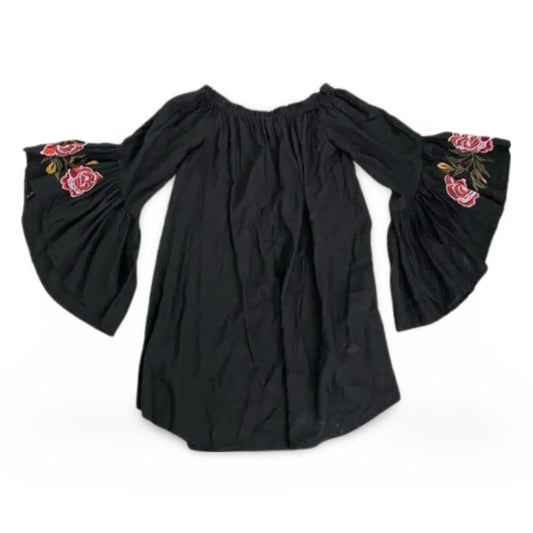 Feathers Bell Sleeve Black Flower Embroidered Blouse Top