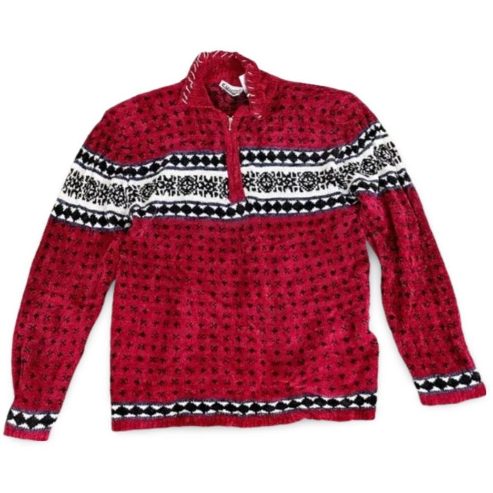 Capacity Petite Red and Black Patterned Quarter Zip Sweater