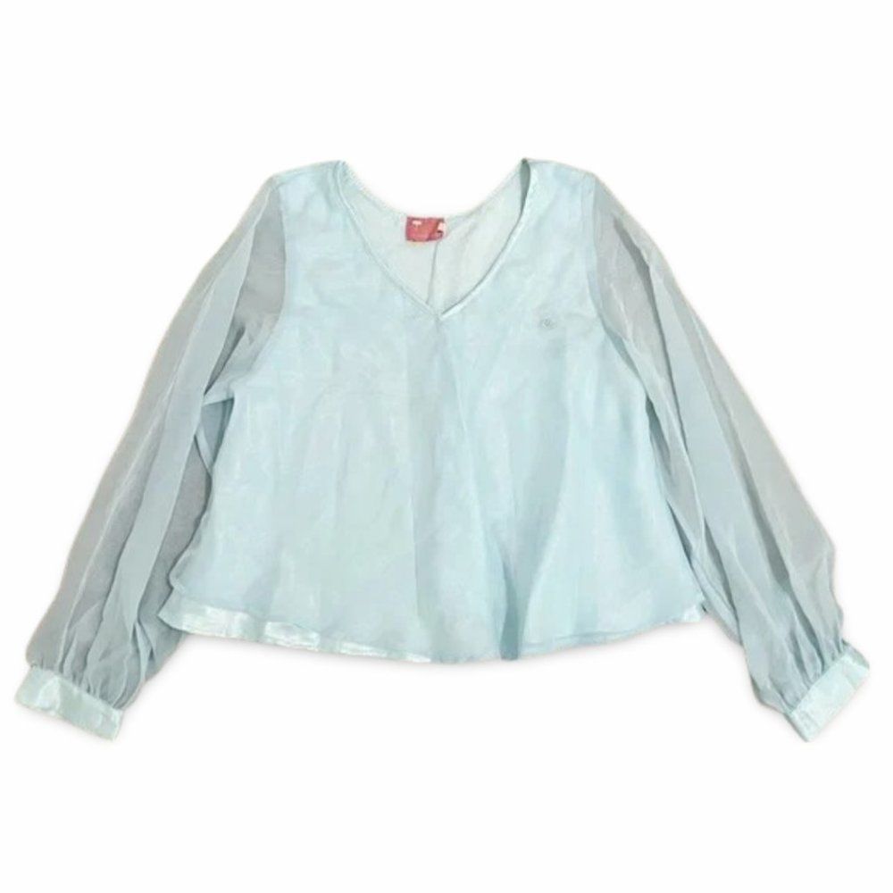 Cassini Sheer Mesh Sleeve Light Blue Pajama Lounge Blouse Top