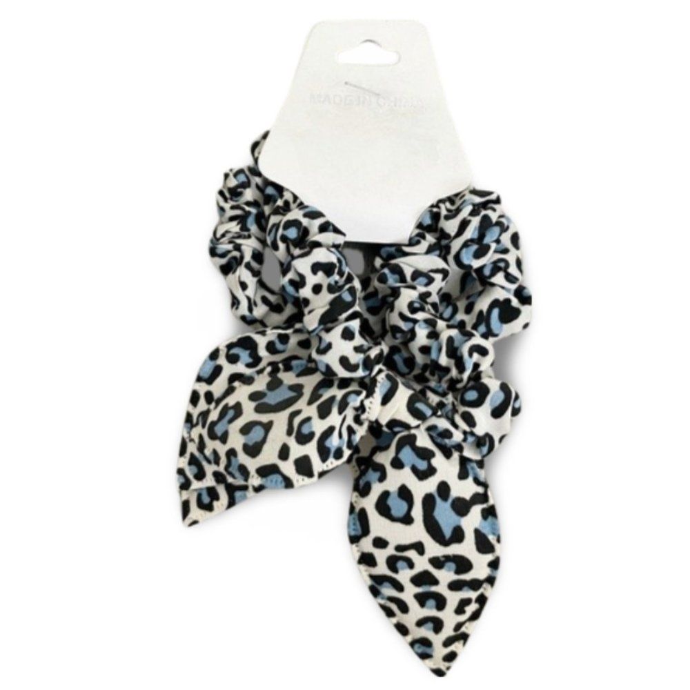 Set of 3 Bunny Ear Blue Cheetah Print Scrunchie