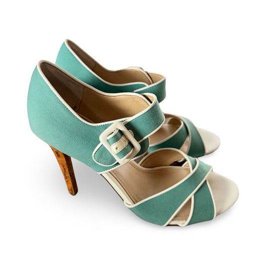 Marc Fisher Green Leather Heeled Open Toe Shoes