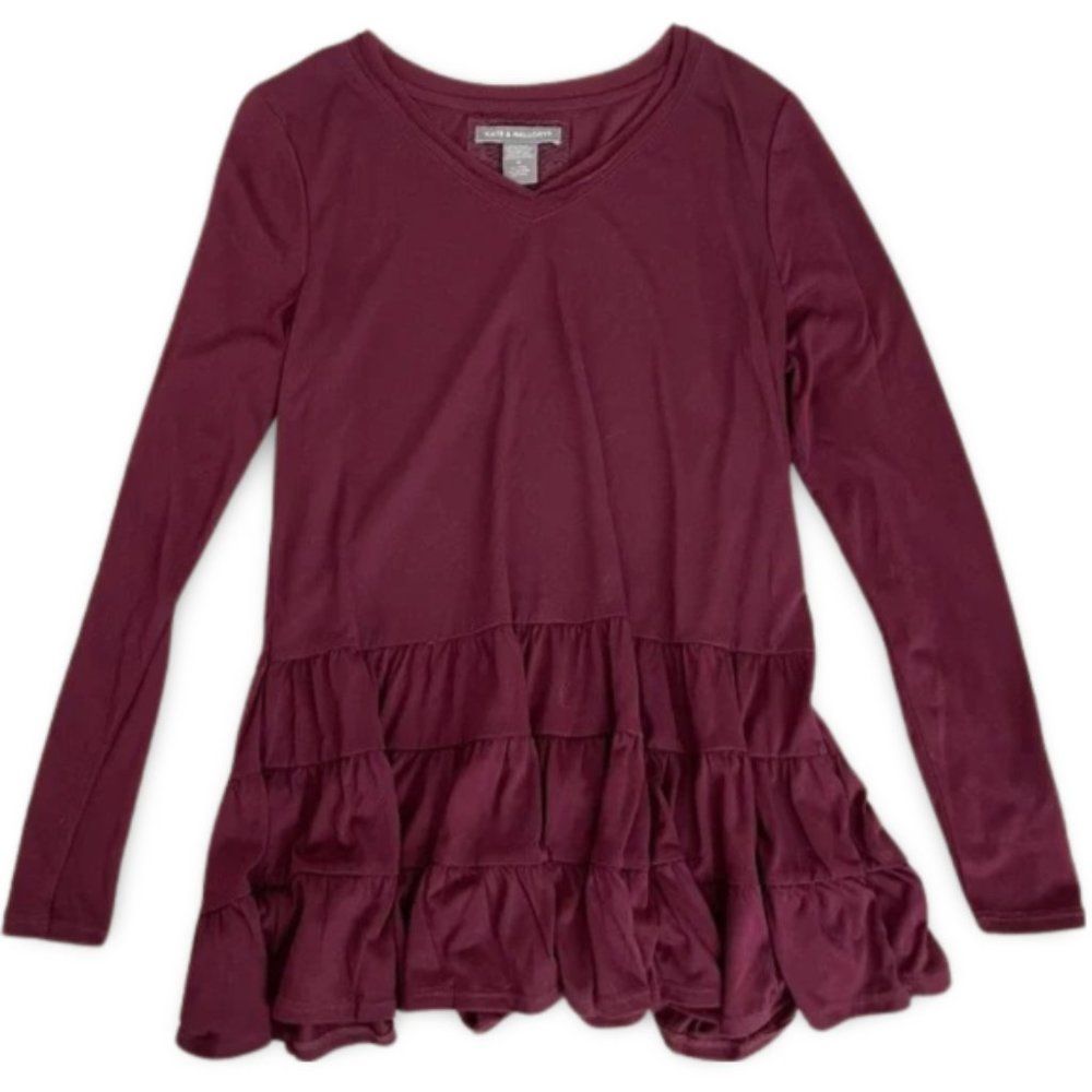 Kate and Mallory Burgundy Pleated Hem Long Sleeve Blouse Shirt Top