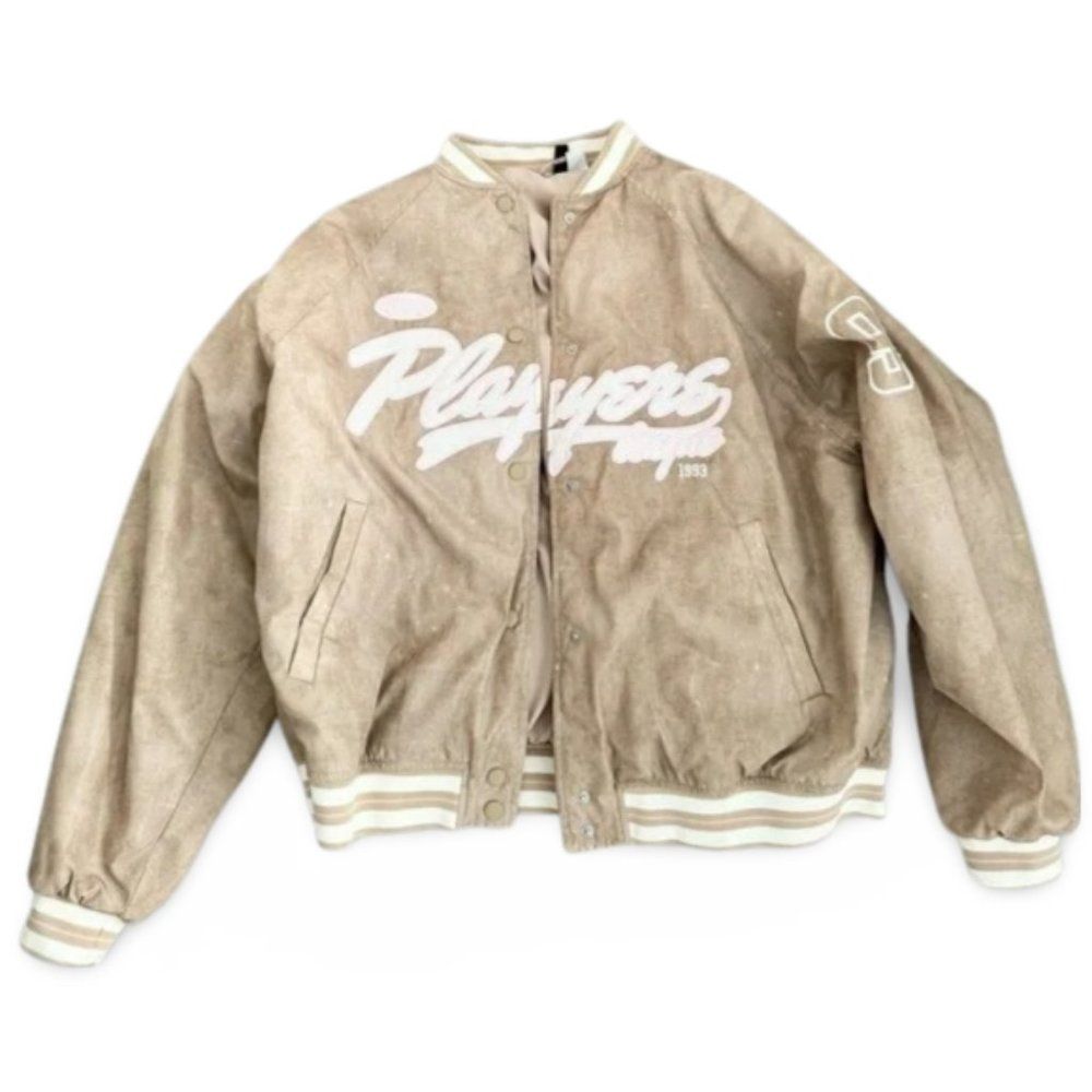 H&M Beige Bleached Splattered Patterned Varsity Jacket