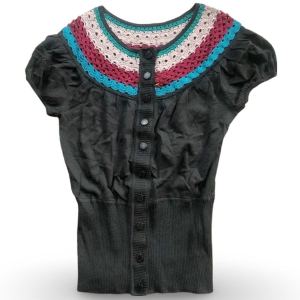 Catherine Maladrino Crotchet Shoulder Black Buttoned Blouse Top