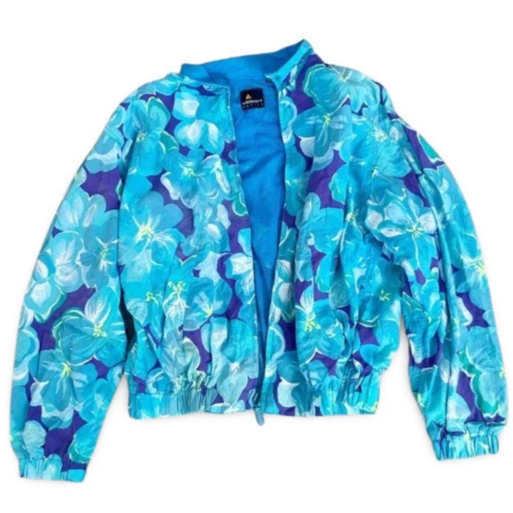 Liz Sport Blue Windbreaker Floral Bomber Rain Jacket