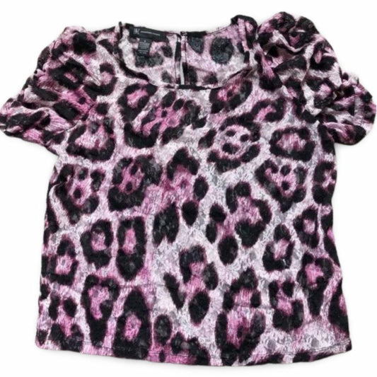 International Concepts Pink Cheetah Print Blouse Puff Sleeve Top