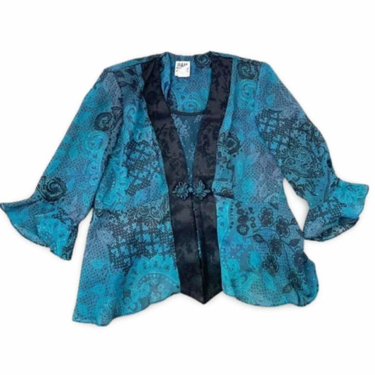 R&M Richards Blue Floral Oriental Styled Blouse Top