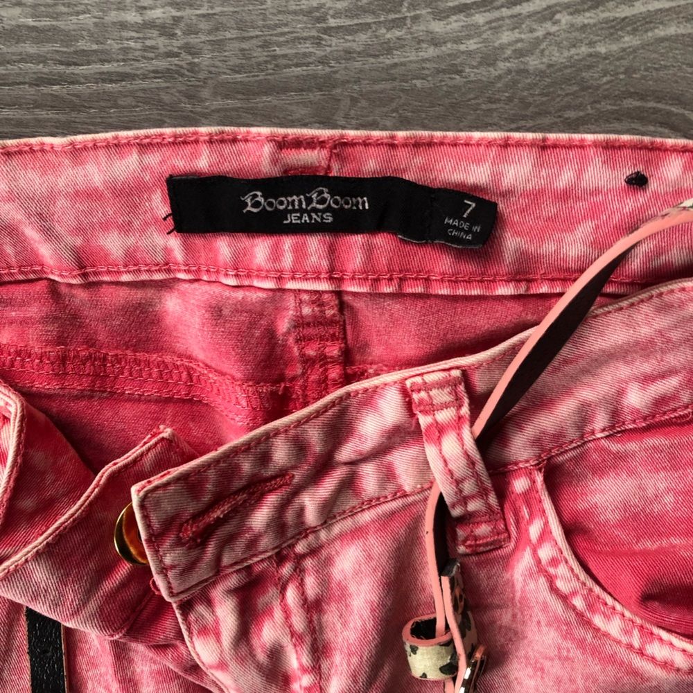 Boom Boom Pink Distressed Denim Belted Jeans