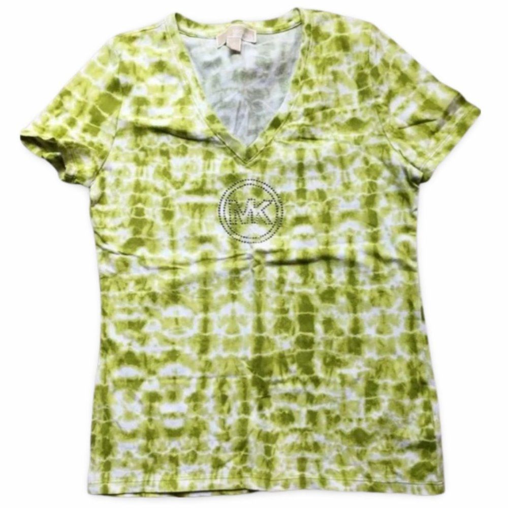 Michael Kors Green Tie Dye Short Sleeve V Neck Shirt