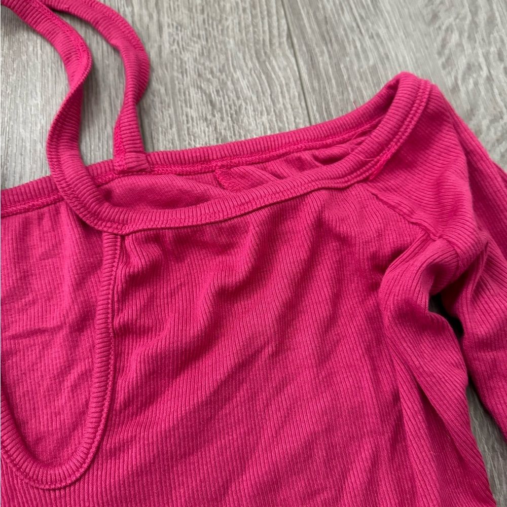 Shein Pink Haltered Off Shoulder Ribbed Long Sleeve Shirt Top