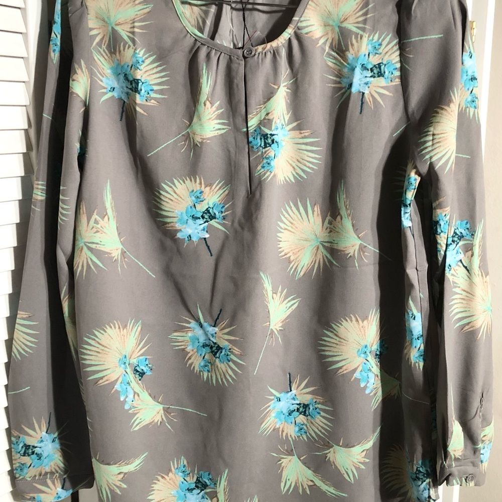 Eclair Grey Floral Patterned Long Sleeve Blouse Top