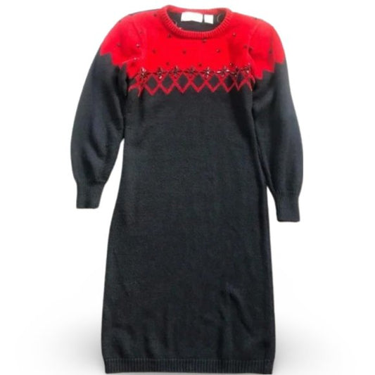 Betsey Johnsen Knitted Rhinestone Red Sweater Long Sleeve Dress