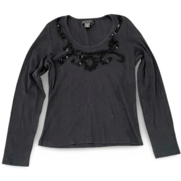 Ninety Black Sequin Neck Long Sleeve Blouse Shirt