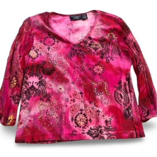 Le Mieux Royal Patterned Rhinestone Red Blouse Top