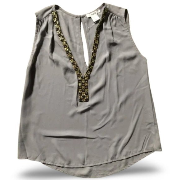 Bar III Grey Loose Flowy Jeweled Neck Blouse Top