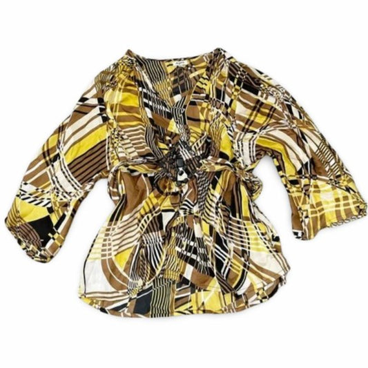 Agora Yellow Patterned Gem Center Blouse Top