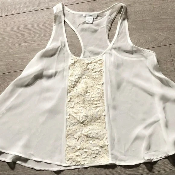 Bar III White Sequin Patterned Loose Tank Top