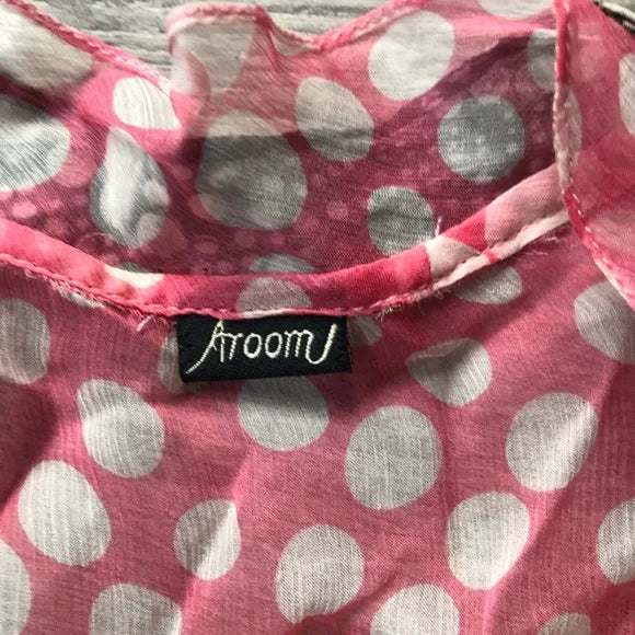 Aroom Pink White Sheer Polkadotted Blouse Top