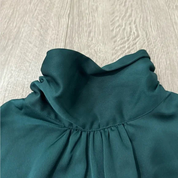 Ann Taylor Factory Deep Green High Neck Short Sleeve Blouse