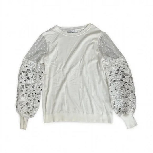 Sioni White Flowered Eyelet Laced Sleeve Sweater