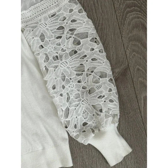 Sioni White Flowered Eyelet Laced Sleeve Sweater