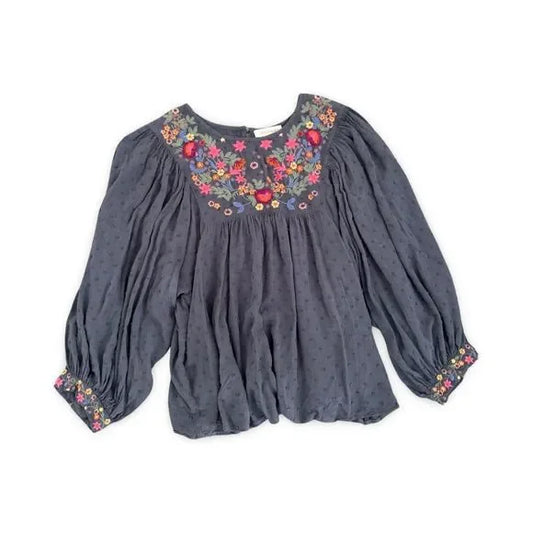 Solitaire Embroidered Flower Grey Flowy Blouse Top