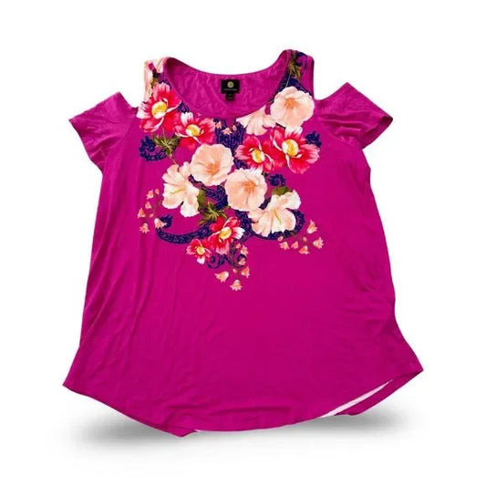 JM Collection Cold Shoulder Pink Flower Top Blouse