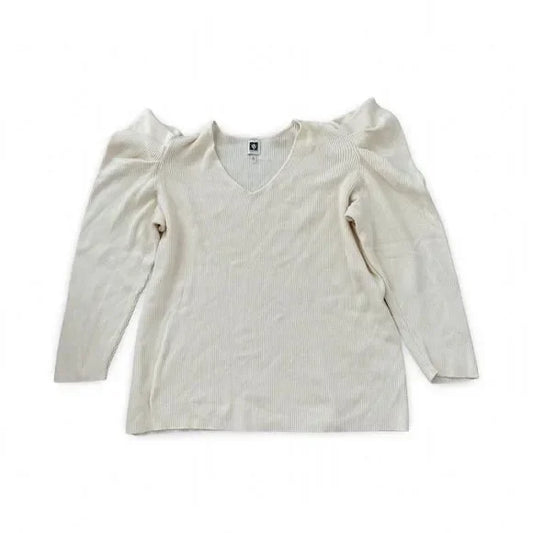 Anne Klein Ribbed Soft Ruffled High Sleeve Blouse Sweater