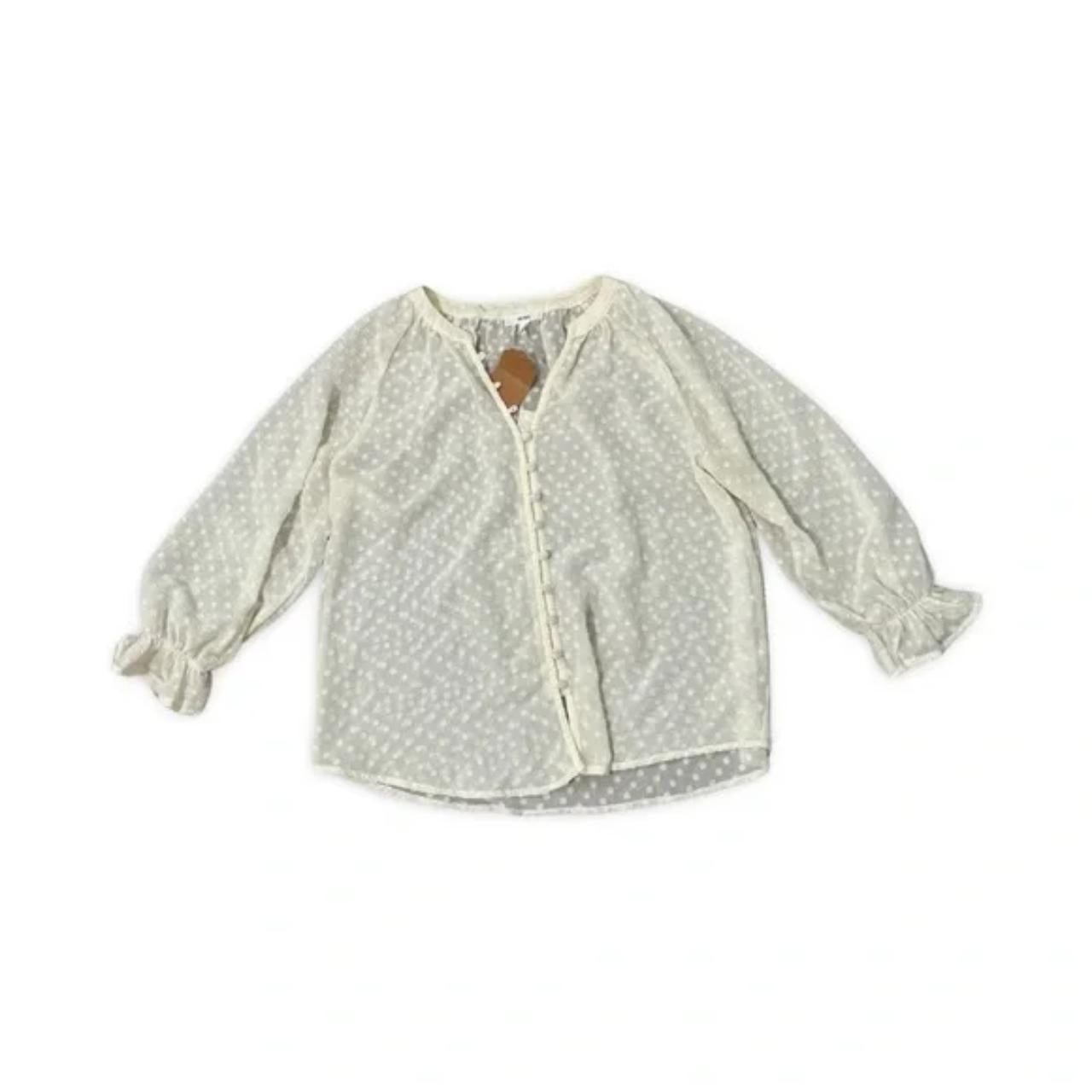 Mine Meshed White Polkadotted Buttoned Blouse Top