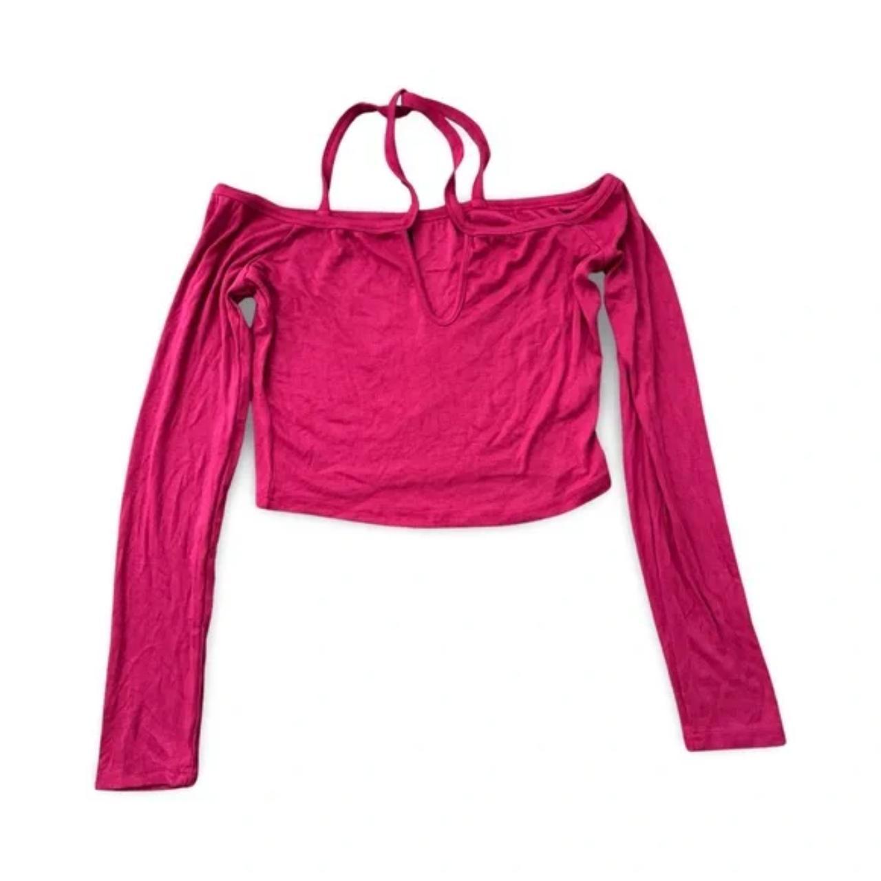 Shein Pink Haltered Off Shoulder Ribbed Long Sleeve Shirt Top