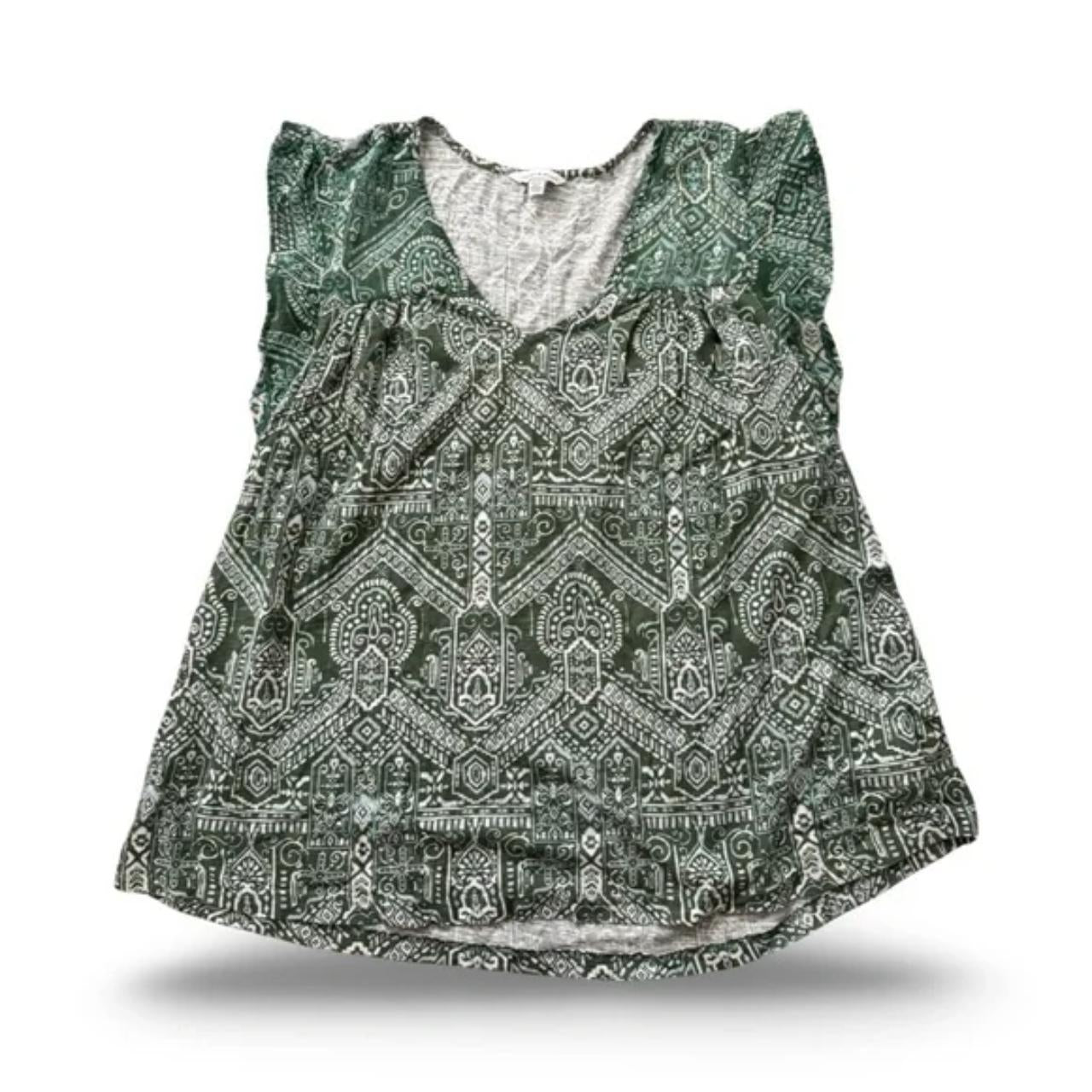 Lucky Brand Short Sleeve Green Patterned Blouse Top 