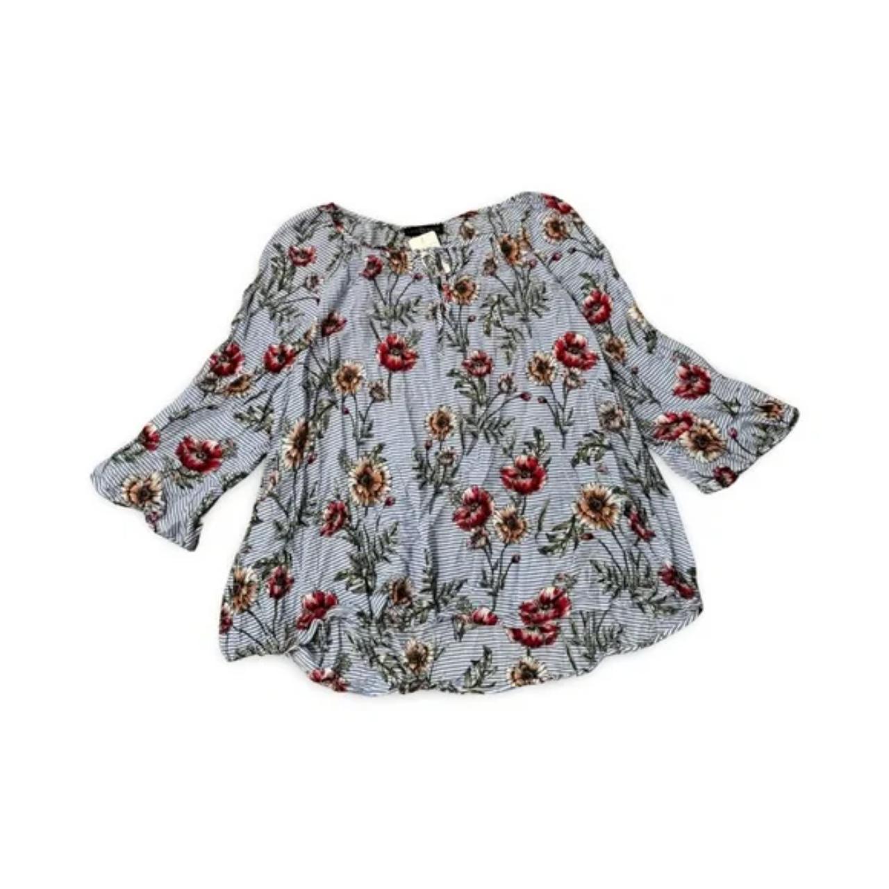 Fred David Flowy Floral Blue Long Sleeve Blouse Top 