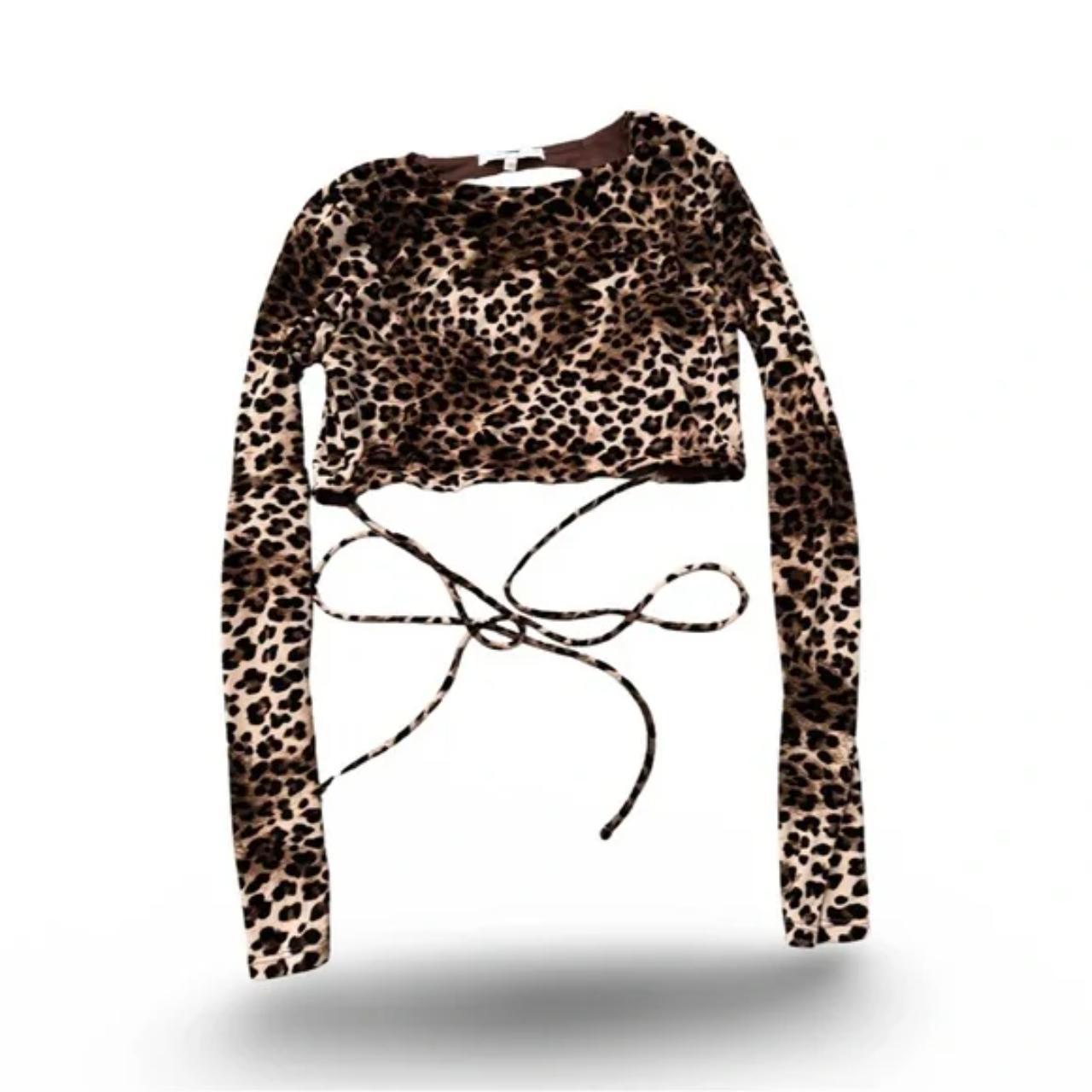 Olivaceous Cheetah Print Patterned Fropped Long Sleeve Blouse Top 