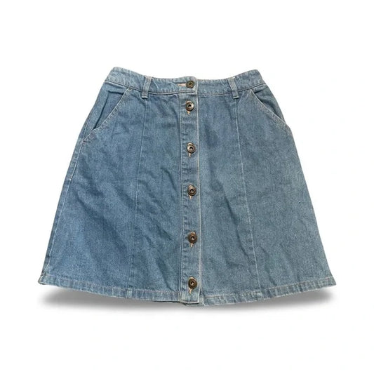 Vintage Buttoned Distressed Blue Denim Jean Skirt