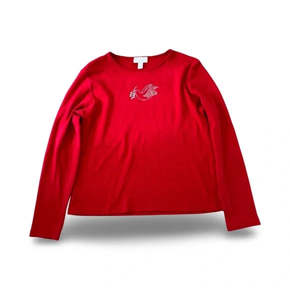 Charter Club Red Doce Bird Rhinestone Long Sleeve Shirt