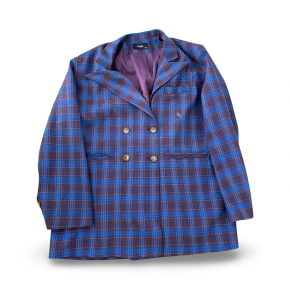 Cider Blue Plaid Tartan Buttoned Oversized Blazer Coat